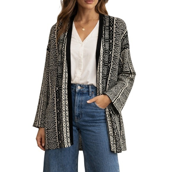 Old Navy Sweaters - Old Navy Fair Isle Long Cardigan Sweater Women M Black White Southwestern Tribal